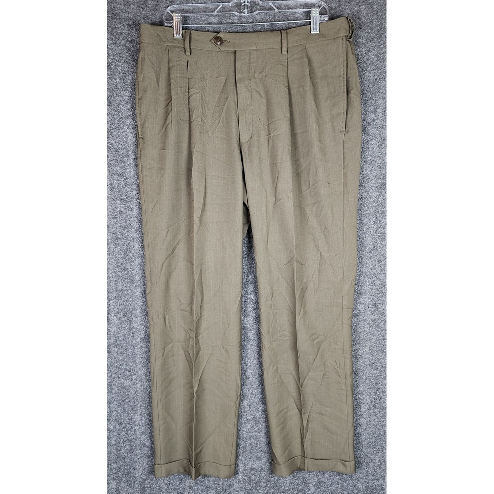 Haggar Pants Mens 36x30 Eclo Stria Classic Fit Brown Olive Pleated EUC